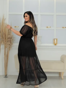 Women's Long Off-The-Shoulder Dress In Black Tulle Três Marias Evangelical Fashion Premium Luxury Cheap - 黑色 - 查看 5