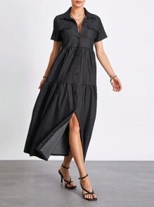 Women's Plus Size Denim Dress Short Sleeve Turn Down Collar Button Front Loose Swing Jean Dress