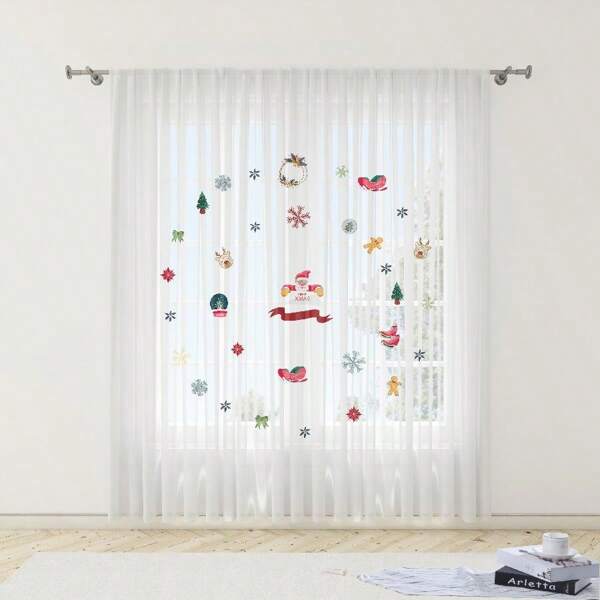 1pc Sheer Curtain With Geometric Christmas Pattern, Simple & Fresh Style, Suitable For Living Room, Bedroom, Dining Room, Durable, Anti-Scratch, Semi-Blackout, Lightweight, Breathable