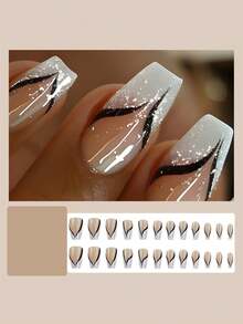 24 móng tay giả vuông dài vừa phủ bột trắng và sọc đen, miếng dán móng tay kiểu Pháp viền trắng, bao gồm 1 gel thạch và 1 dũa móng, thích hợp cho các bữa tiệc, sự kiện và ngày lễ - Nhiều màu - Xem 4