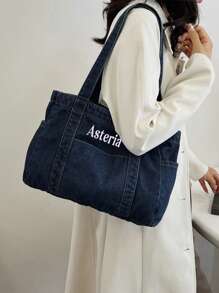 1pc Personalized Embroidered Custom Name's High-Quality Blue Canvas Tote Bag, Large Capacity Commute/Work/Shopping Shoulder Bag For Women, Minimalist Design Tote Bags For Women & Tote Bag Large, Local - 彩色 - 查看 2