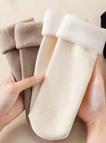 3 Pairs Of Women's Earth Color Snow Socks, Autumn And Winter Vertical Mid-Tube Socks, Fluffy Socks, And Warm Floor Socks With Wool Thickening, Suitable For Everyday Wear And Various Occasions,Random Color