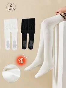 2 Pairs Girls/Kids Vertical Stripe, Floral, Cable Knit, Diamond Grid, Solid Black/White, College, Princess Style Fleece Tights, Thick Stirrup Leggings For Autumn/Winter, Suitable For Daily Wear