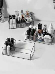 1pc Desktop Transparent PET Makeup Organizer Box, Multi-Compartment Lipstick & Cosmetics Storage Display Tray,For Holiday Beach, Bathroom Collection, Bedroom Collection, Large Capacity
