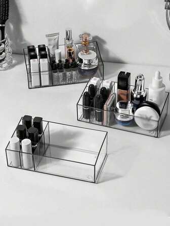 1 件桌面透明 PET 化妆品收纳盒，多隔层口红和化妆品收纳展示托盘，适用于假日海滩、浴室收纳、卧室收纳，大容量