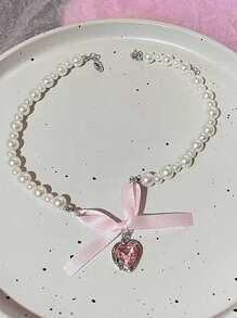 1 pieza Collar de gargantilla Kpop vintage con colgante de corazón en cadena de perlas y circonias para mujer, joyería estética de fiesta regalo de Navidad caliente