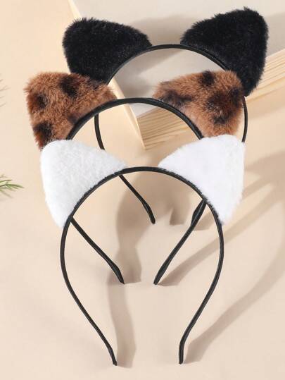 1/2/3/4 件装 女士可爱毛绒猎豹猫耳发箍，短款毛绒时尚发圈，黑白豹纹毛绒耳朵角色扮演发带，派对礼物和日常佩戴的头饰