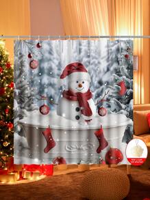 Conjunto de cortina de chuveiro com boneco de neve vermelho de Natal, 1/2/3/4 peças, com 12 ganchos e uma bola de chuveiro, cortina de chuveiro de poliéster impermeável e resistente a mofo, tapete antiderrapante para banheiro, tapete em U para vaso sanitário, capa protetora para vaso sanitário, conjunto decorativo para banheiro, sem necessidade de furadeira, vários tamanhos disponíveis, acessórios de decoração de outono para banheiro, volta às aulas