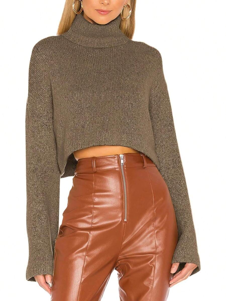 CICILEEDA Women's Crop Sweater Turtleneck Long Sleeve Lightweight Fleece Cropped Pullover Sweater Top - 棕色 - 查看 1
