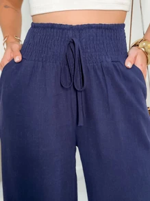 PANTS WITH ELASTIC WAIST LINEN AND COTTON - Azul Marino - Ver 4