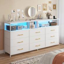 55"W White Dresser For Bedroom With Power Outlet & LED Lights 65" TV Stand For Bedroom Dresser With 9 Fabric Drawers, Sturdy Dressers For Bedroom, Closet, Entryway, Mother's Day Decor, Room Decor, Home Decor - 美規A型插(110-127V) - 查看 2