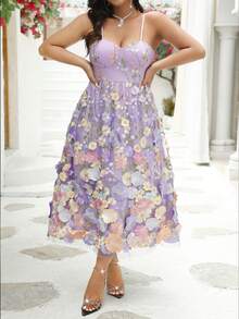 Plus Floral Appliques Mesh Overlay Cami Cocktail Dress