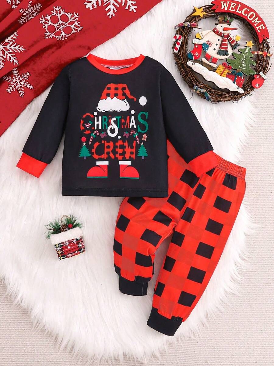 2 件装男婴圣诞字母和圣诞树印花长袖上衣和格子印花裤套装，时尚可爱 - 紅色 - 查看 1