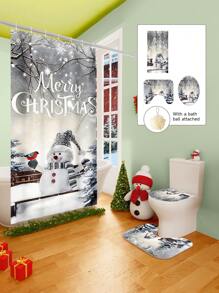 1/2/3/4 Pieces Christmas Collection Shower Curtain, Cute Snowman Woven Shower Curtain, Bathroom Non-Slip Mat, Toilet U-Mat, Toilet Lid Cover Mat, Bathroom Complete Set, Modern Waterproof Bathroom Decoration, Comes With 12 Hooks And A Shower Ball, Multiple Sizes Available Back To School