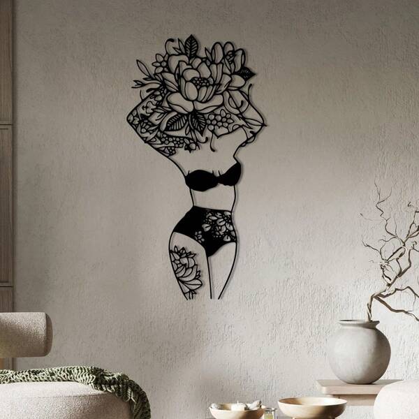 Arte de pared metálico floral femenino, arte metálico abstracto floral femenino, conjunto de arte metálico lineal femenino para dormitorio, decoración de pared para baño, arte lineal minimalista, arte de figura femenina, decoración de pared para baño, regalo para el hogar, decoración del hogar, decoración de habitación, decoración de pared
