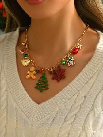 1pc New Creative Cartoon Christmas Tree Pendant Necklace, Women Jewelry For Christmas Celebration, Party And Festival