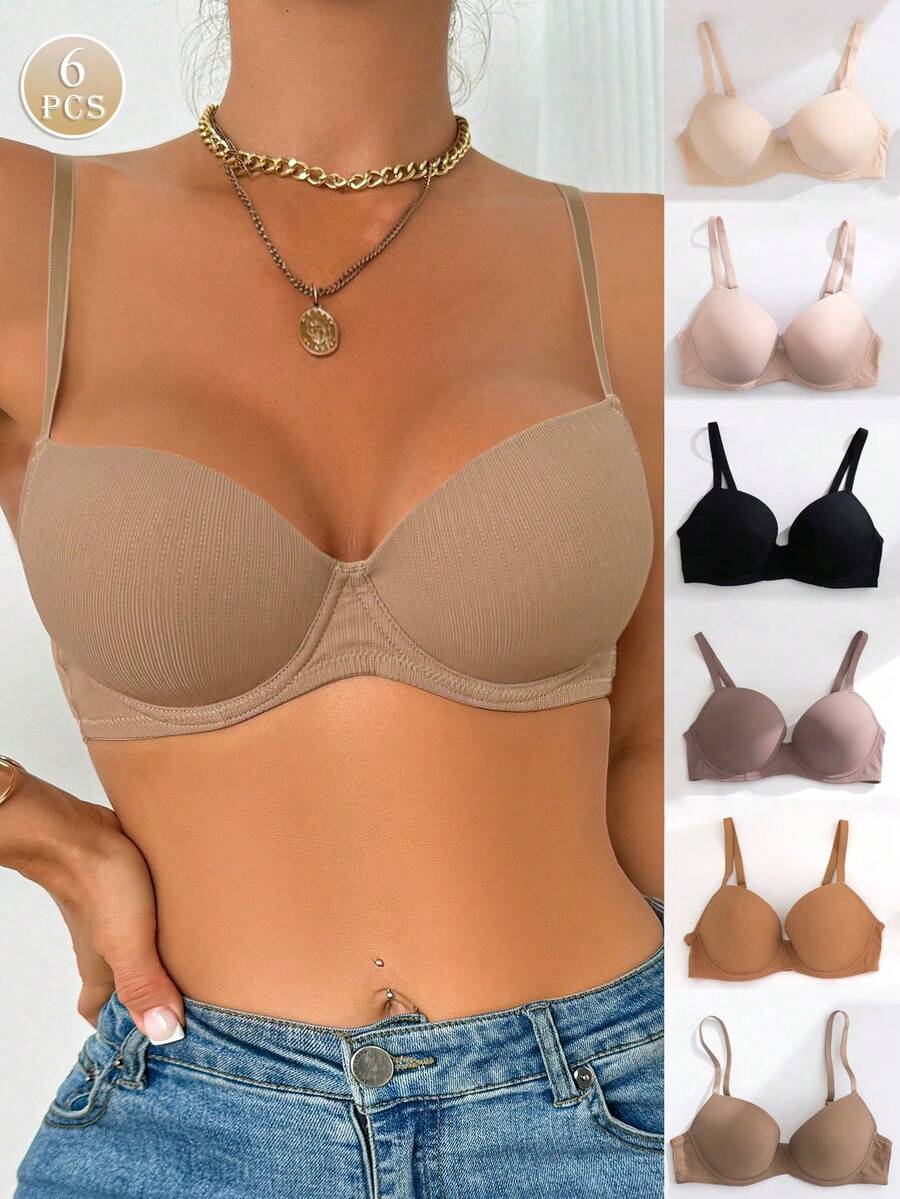 6 chiếc áo ngực hở lưng có gọng trang trí màu trơn dành cho nữ - Nhiều màu - Xem 1