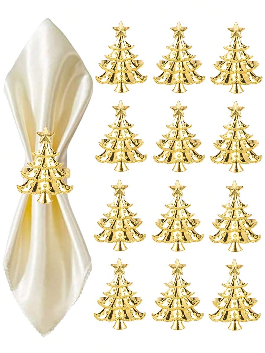 60/12/6/2/1 pièce Anneaux de serviette de Noël, Porte-serviettes de Noël en forme d'arbre de Noël doré, Unisexe, Réutilisables, Convient pour les rassemblements familiaux, les fêtes, Pinces de Noël en métal pour la décoration de nappe, Fournitures de fête de Noël - Multicolore - Voir 1