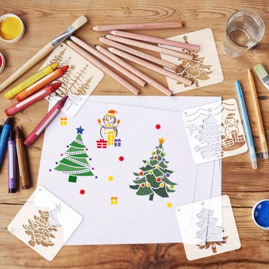 25pcs Christmas Tree Pattern Painting Template, PET Hollow Stencil