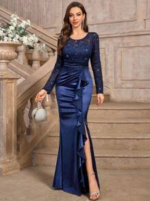 MIUSOL 复古亮片蕾丝缎面长袖垂坠侧褶正式派对长裙，优雅舞会晚礼服，适合婚礼嘉宾、毕业典礼、晚宴 - 藏蓝色 - 查看 2