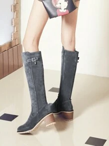 Women's Round Toe Chunky Heel Knee-High Boots, Side Zipper Closure, Casual Riding Boots Grey Suede Retro Style