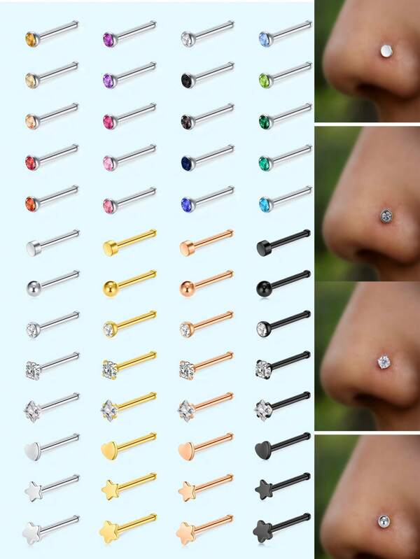 Elegant & Durable 24-Pcs Nose Stud Set: Stainless Steel, Cubic Zirconia - Unisex, Everyday Wear