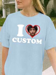 Customized Photo T-Shirt, Gift For Girlfriend/Wife, Valentine's Day Gift, Customize Face, Customize Women's T-Shirt - Add Your Own Text And Images (Family Photos/Selfies/Pet Photos/Friend Photos) To Design Your Personalized Printed T-Shirt, I Love Customized Unisex T-Shirt, Add Your Favorite Photos And Text (Girlfriend Photos/Couple Photos/Family Photos/Selfies/Pet Photos/Friend Photos) To Design Your Own Personalized Printed T-Shirt, Suitable For Daily Wear/Wedding Party/Company Gathering/Family Gathering, Holiday Gifts, Mother's Day, Father's Day - Baby Blue - View 2