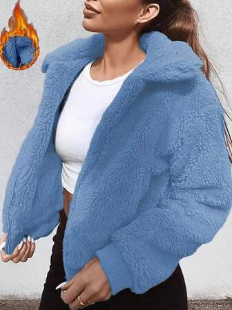Scacto 1pc Solid Color Dropped Shoulder Lapel Zip-Up Teddy Fleece Jacket, Side Pockets, Fashionable For Daily Commute & Gatherings, Winter