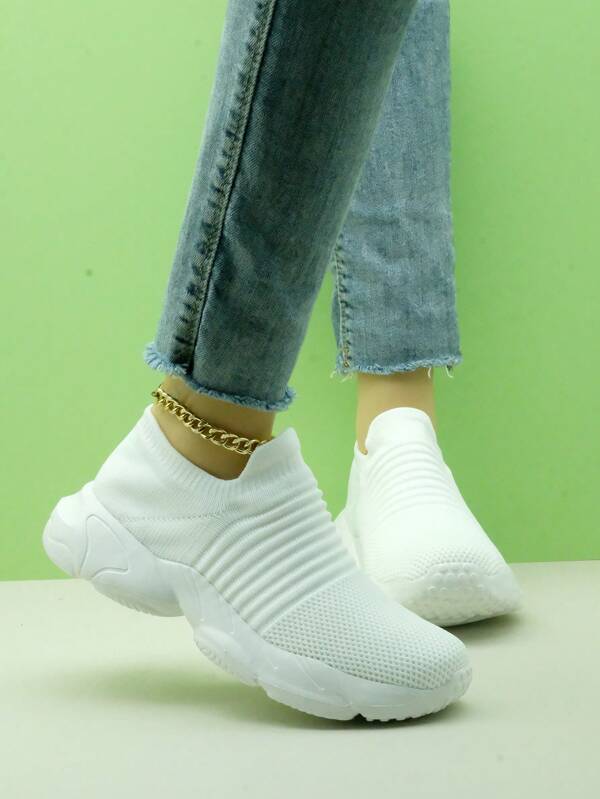 Women's Cross-Border Black & White Knitted Casual Elevated Retro Sneakers, Slip On Sock Shoes