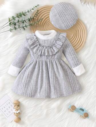 女婴罗纹荷叶边撞色长袖连衣裙，时尚春秋季节