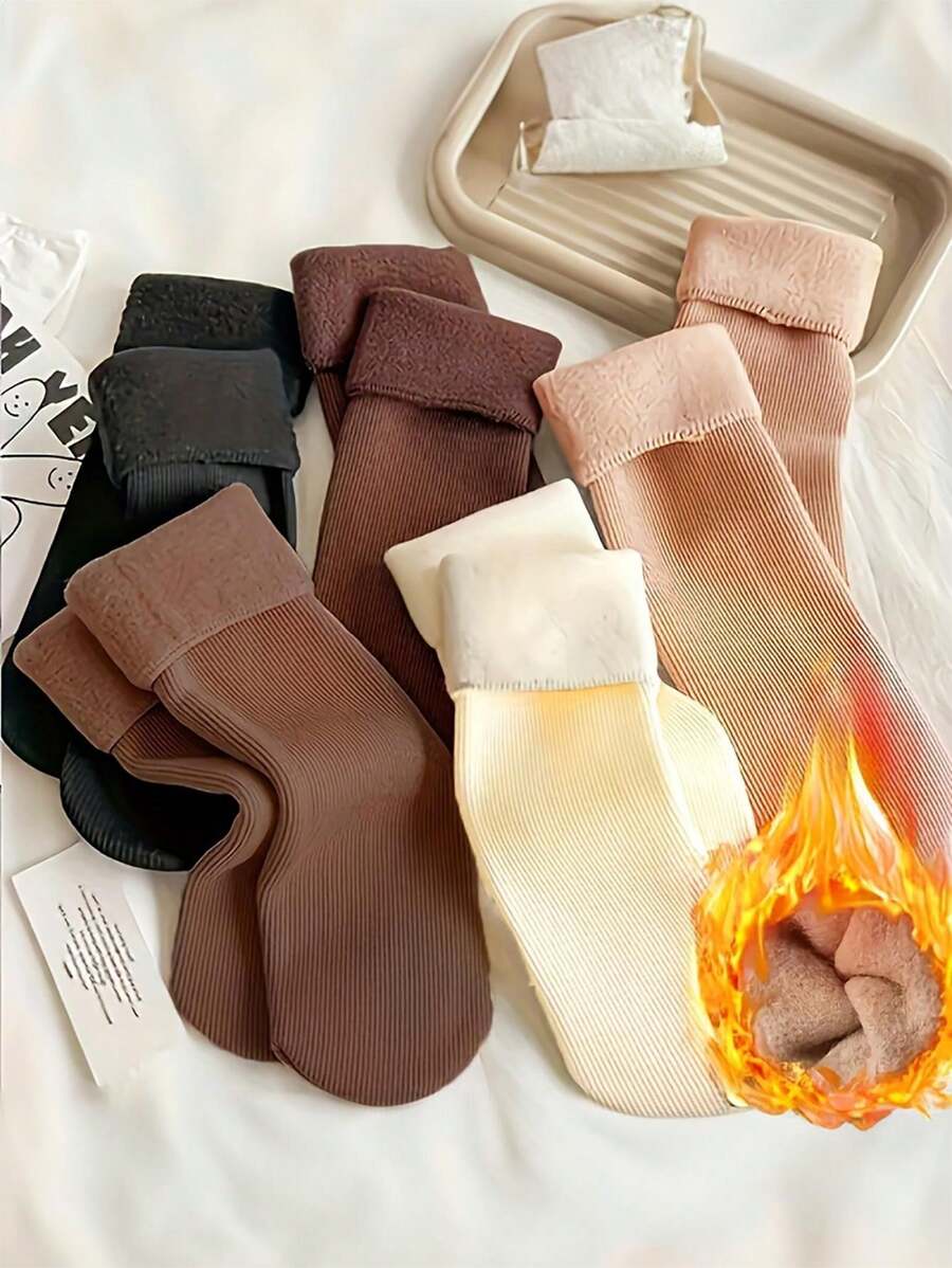 5 par damskich ciepłych skarpet śnieżnych - jednolity kolor, codzienne akcesoria