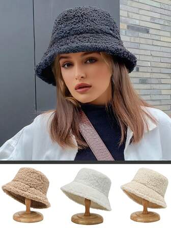 1pc New Ladies Fashion All-Matching Solid Color Lamb Wool Warm Bucket Hat, Autumn And Winter Warm, Suitable For Daily Wear, Halloween, Christmas, Outdoor Sports, Travel, Mountaineering, Skiing, Cycling, Walking