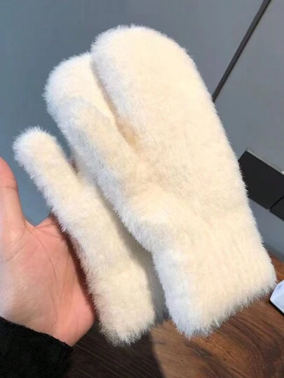 FADZOYLE 1 Pair Women's Thick Solid Color Plus Fluff Gloves Winter Fall Warm Windproof Unisx Soft Knit Cold Weather Thermal Lined Mittens For Running Driving Hiking Ski And Gift