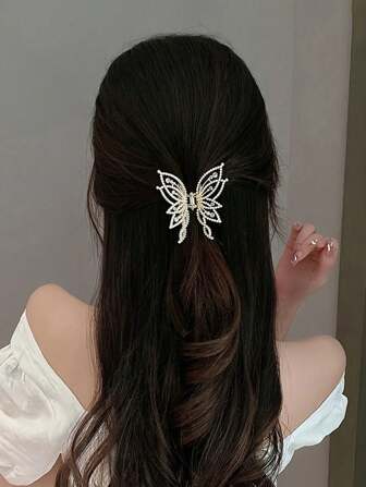 1pc Sweet Pearl Rhinestone Butterfly Glisten Clip Back Head Korea New Hairpin Elegant Fashion Hair Claw Clip High-Grade Hair Accessories