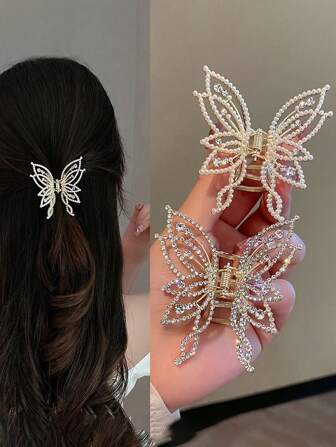 1 pieza Elegante Clip para el cabello con mariposa de perlas de fantasía, brillo y cierre Korea, Accesorios de pelo de alta calidad
