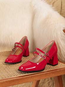 New Square Toe High Heel Shoes, Fashionable & Elegant Buckle Closure Mary Jane Pumps, Chunky Heel Commute & Wedding Shoes For Women