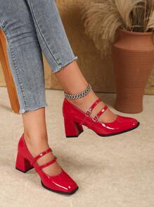 New Square Toe High Heel Shoes, Fashionable & Elegant Buckle Closure Mary Jane Pumps, Chunky Heel Commute & Wedding Shoes For Women