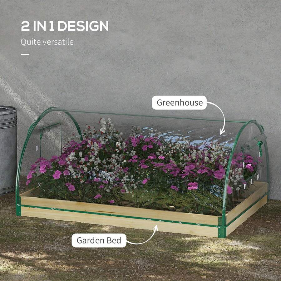 Raised Bed With Greenhouse, Wooden Garden Planter Box With PVC Cover