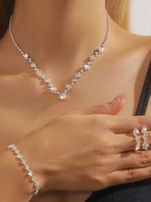 Women's Silver-Tone Rhinestone 3 PiecesJewelry Set (Y-Necklace+Long Earrings+Bracelet) - Modern Formal Wear Jewelry