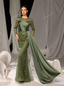 Faeriesty Luxury Long Sleeve Satin Side Streamer Gowns Formal Dresses & Evening Gowns, Prom Dress, For Wedding Guest, Graduation, Dinner, Party Dress