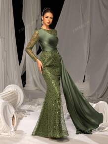 Faeriesty Luxury Long Sleeve Satin Side Streamer Gowns Formal Dresses & Evening Gowns, Prom Dress, For Wedding Guest, Graduation, Dinner, Party Dress