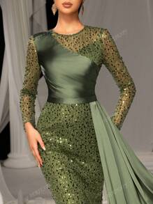Faeriesty Luxury Long Sleeve Satin Side Streamer Gowns Formal Dresses & Evening Gowns, Prom Dress, For Wedding Guest, Graduation, Dinner, Party Dress