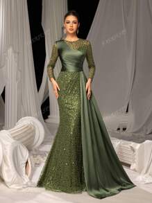 Faeriesty Luxury Long Sleeve Satin Side Streamer Gowns Formal Dresses & Evening Gowns, Prom Dress, For Wedding Guest, Graduation, Dinner, Party Dress