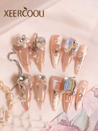 10 件长尖花手绘粉色闪亮可爱重工业水滴形状纯手工制作指甲长指甲按压指甲套装包括 1 张粘合标签和 1 个迷你锉刀指甲用品指甲