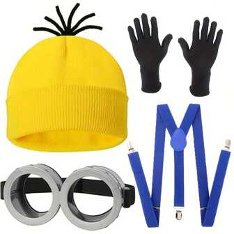 4pcs Funny Yellow Hat & Glasses Costume Set With Gloves And Suspenders - Perfect For Halloween, Cosplay Parties & Themed Events Prom