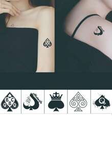 5 件逼真假纹身扑克牌风格临时纹身贴纸，时尚俱乐部夜总会遮瑕性感 - 彩色 - 查看 1