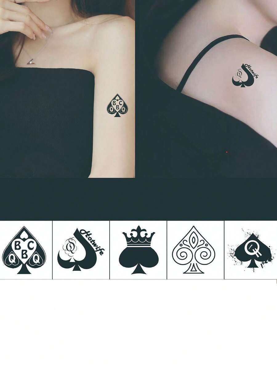 5 件逼真假纹身扑克牌风格临时纹身贴纸，时尚俱乐部夜总会遮瑕性感 - 彩色 - 查看 1