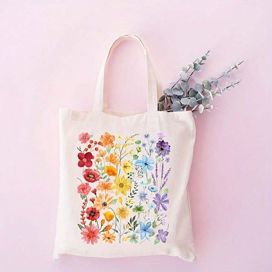 Floral Print Canvas Tote Bag, Portable Cartoon Crossbody Bag, Reusable