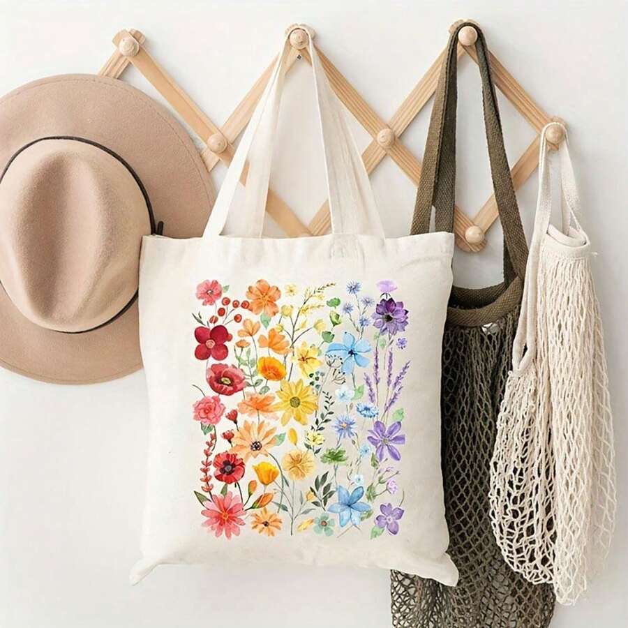 Floral Print Canvas Tote Bag, Portable Cartoon Crossbody Bag, Reusable