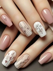 24pcs Square Long-Lasting Minimalist Striped Heart & Leaf Nail Sticker Set, Suitable For Women And Girls